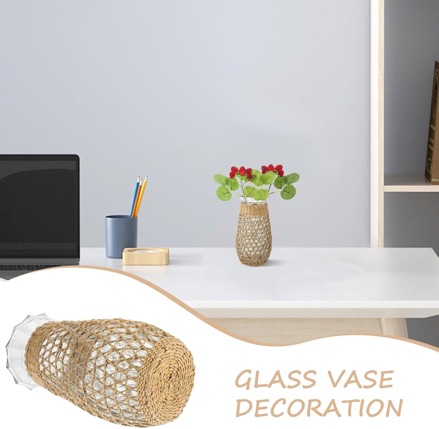 Woven Rattan Glass Vase Decorative Flower Pot for Dried and Fresh Plan
