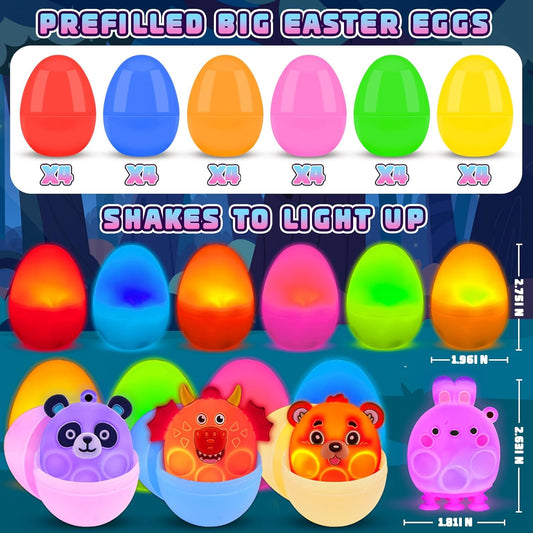 Prefilled Easter Eggs with Light Up 3D Animal Pop Toys, 24 Pack Easter