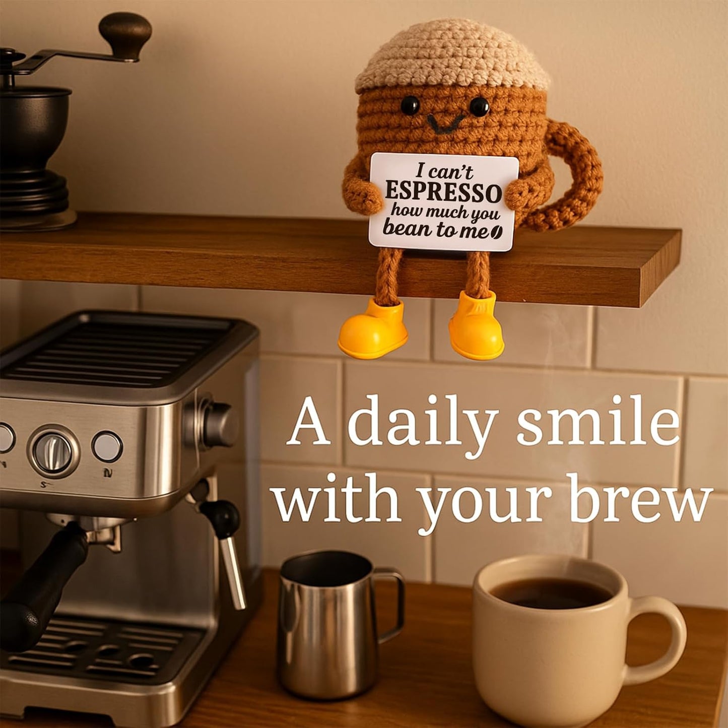 Birthday Gifts for Her Him Women Men Girlfriend Boyfriend, Positive Crochet Coffee Cup Desk Decor, Cute Small Coffee Lover Gift for Best Friend Couple Wife Husband