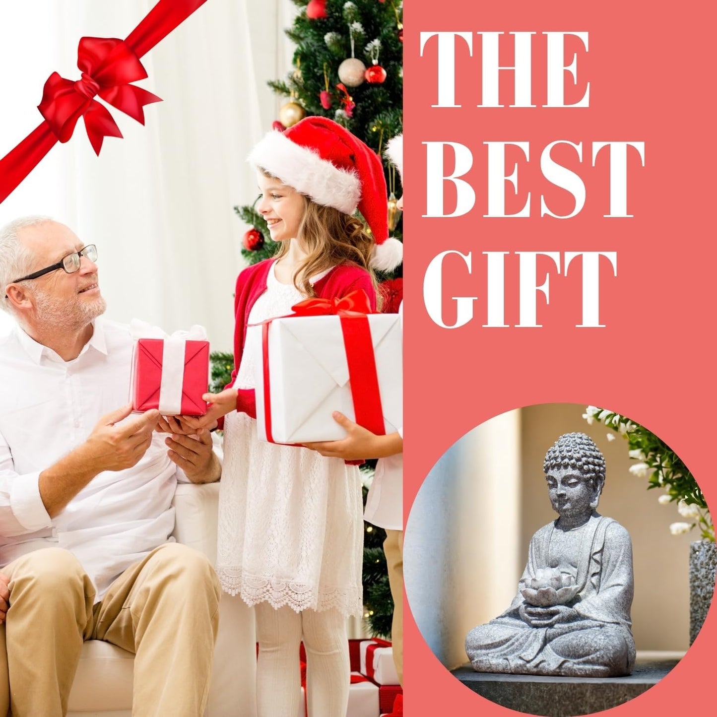 Buddha Lotus Statue with Solar Lights, Resin LED Figurine for Garden Decor – Unique Gift for Women and Friends(Grey Buddha)