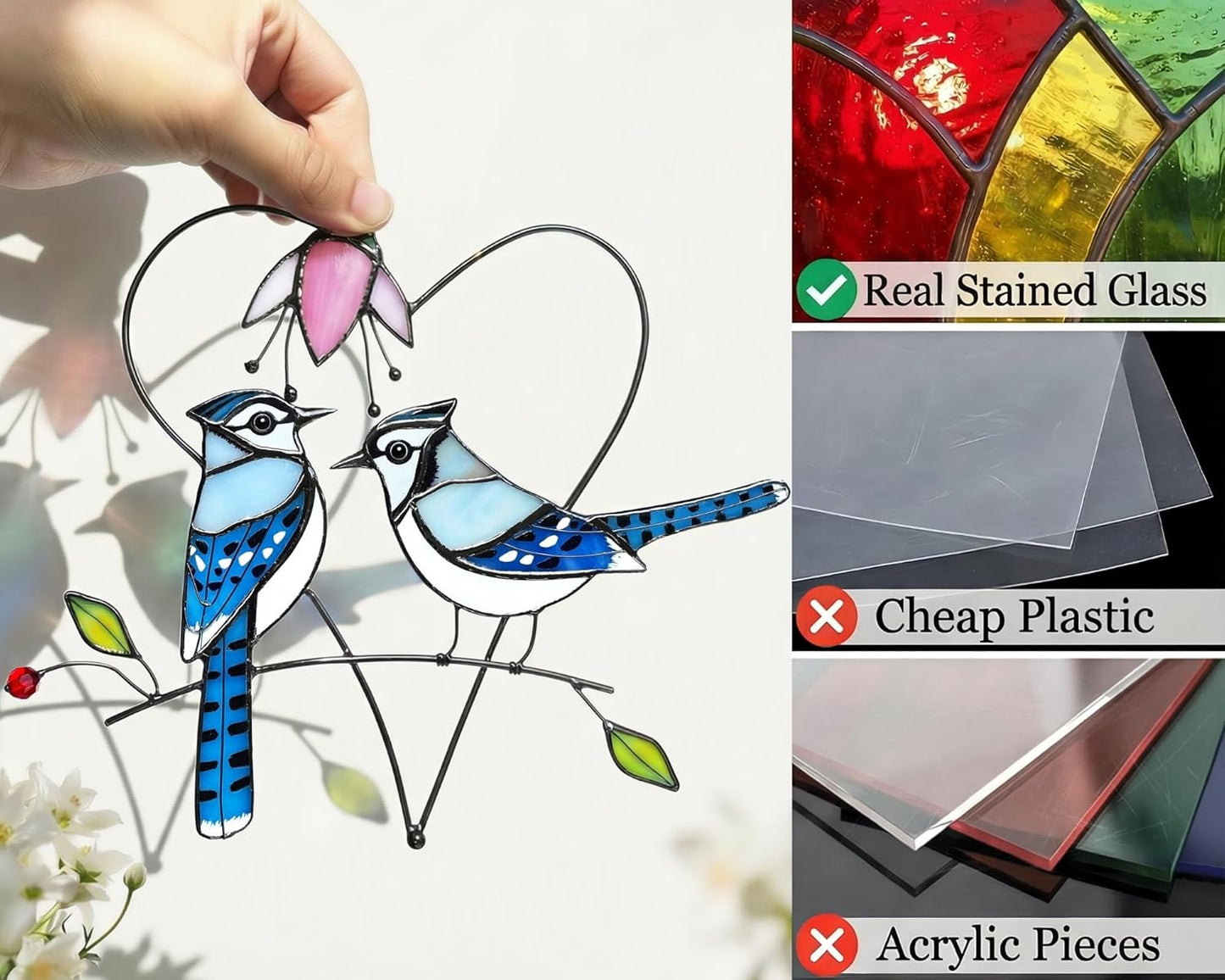 Blue Jay (1 Pair) Stained Glass Birds Suncatcher for Mom, Grandma, Women - Real Glass Window Hanging Ornament - Handmade Bird Lover Home Decor (Gifts Ready Packaging)