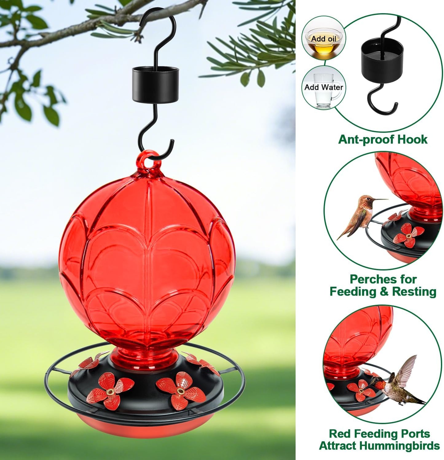 26 OZ Glass Hummingbird Feeder for Outdoors Hanging - Hand-Blown Hot Air Balloon Design - Leak-Proof & Ant Moat - Garden Decor Gift for Mom, Red