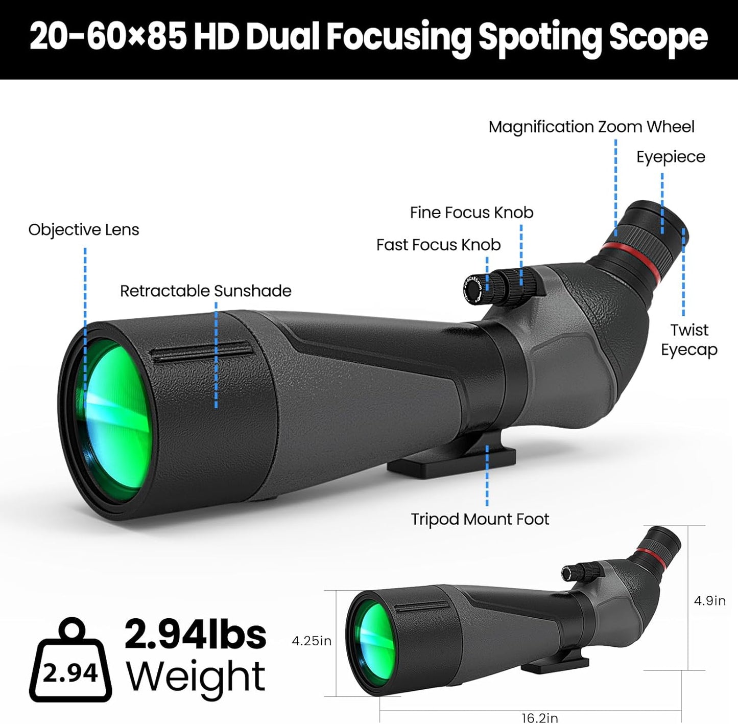 Gosky 20-60x85 Spotting Scope with Full Size Tripod, Phone Adapter and