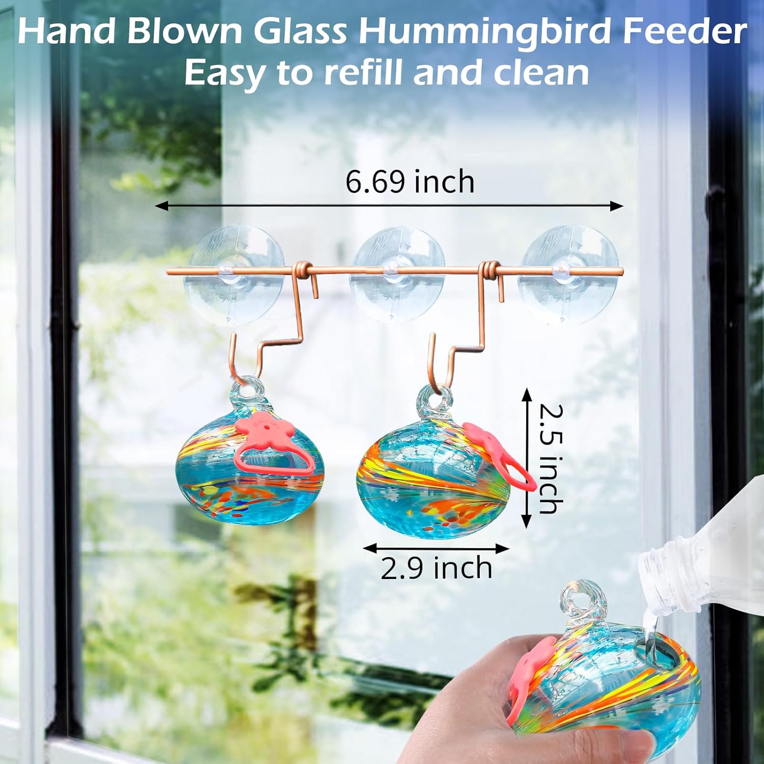 Window Hummingbird Feeder with Suction Cups,Hand-Blown Glass Hummingbi