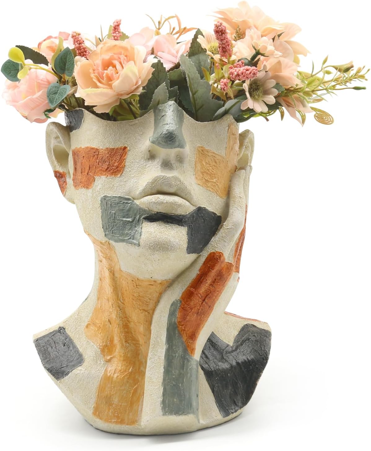 Lukitas Abstract Face Planter, Faux Sandstone Decorative Face Vase, Colorful Artistic Flower Plant Pot for Garden Patio Living Room, Resin 10.5''