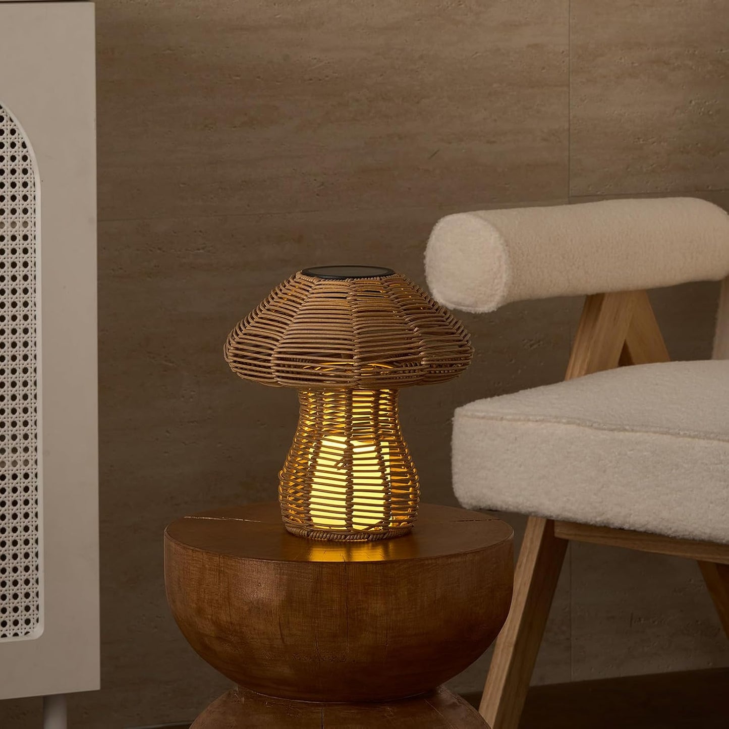 Portable Wireless Rattan Lamp for Indoor Outdoor, CE,RoHS Certified Solar Rechargeable & Replaceable Battery LED light, Handmade Small Table Light with Warm Candle Bulb for Patio Bedroom Restaurant