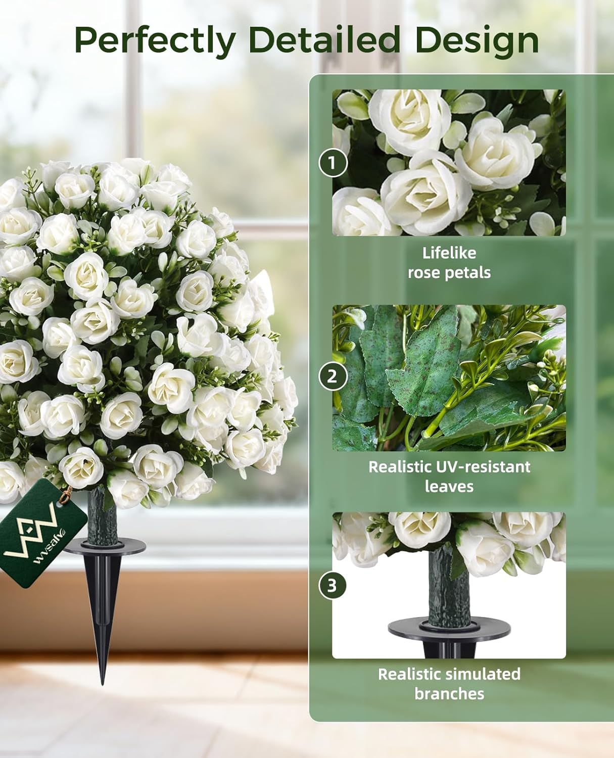 24’’ White Rose Topiary Ball Tree, Faux Plants Outdoor Rose Bush, Fake Evergreen Potted Plants Artificial Decor for Garden, Front Porch, Living Room, Balcony Decor, Set of 2
