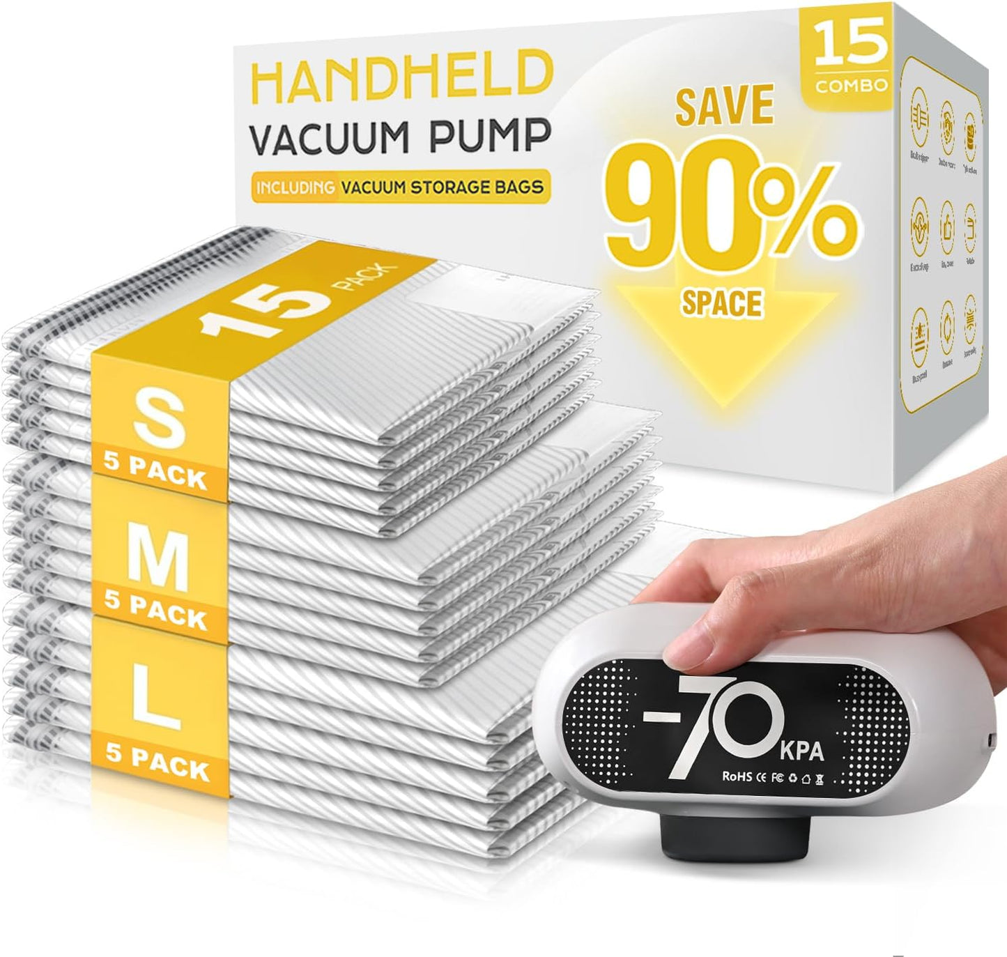 15 Pack Vacuum Storage Bags with -70KPa Electric Pump, Premium Tear-Resistant Reusable Bags for Clothing, Space Saving Essentials for Travel, White