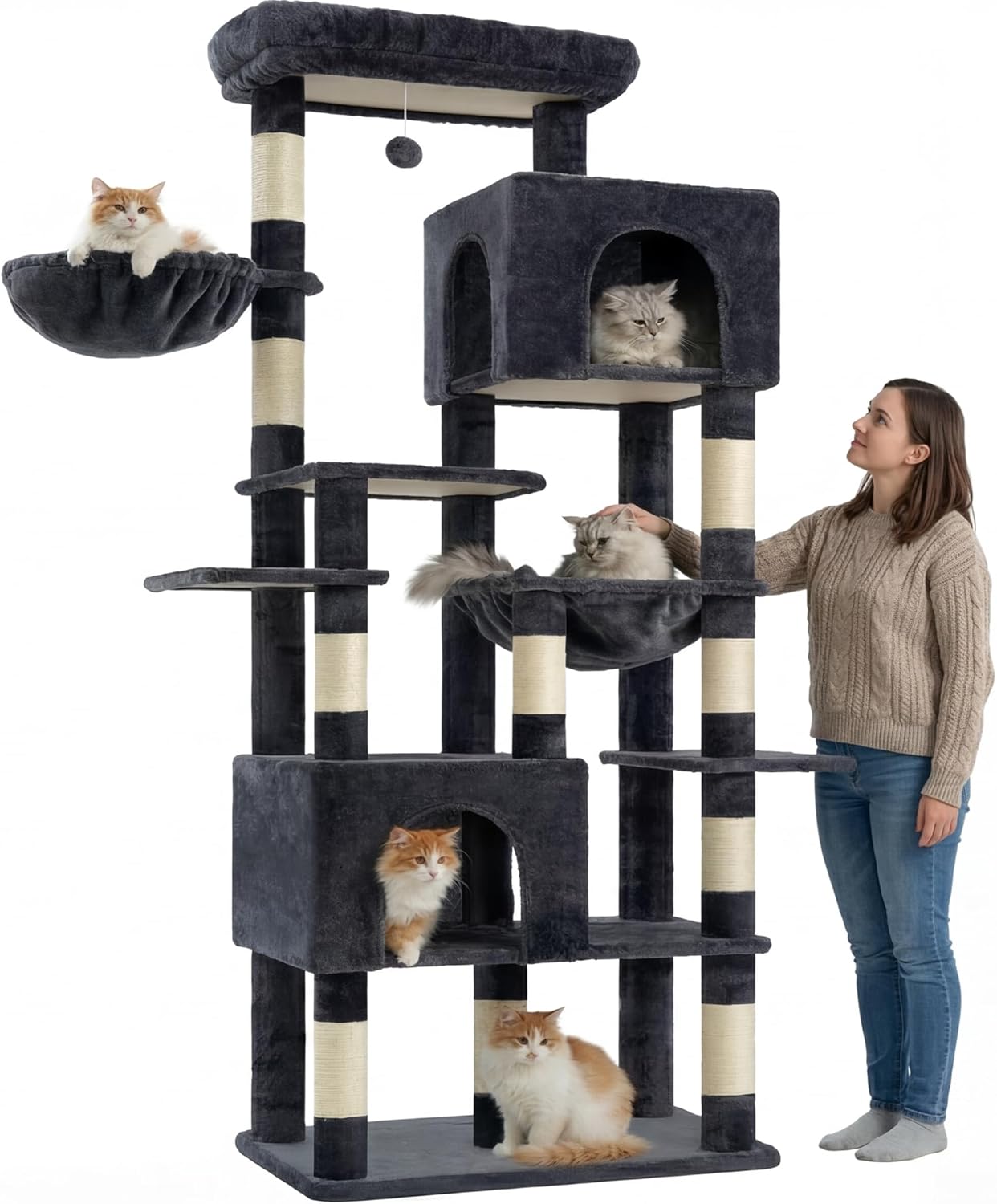 Heybly Cat Tree, 76-Inch Tall Heavy Duty Cat Tower for Big Cats with E