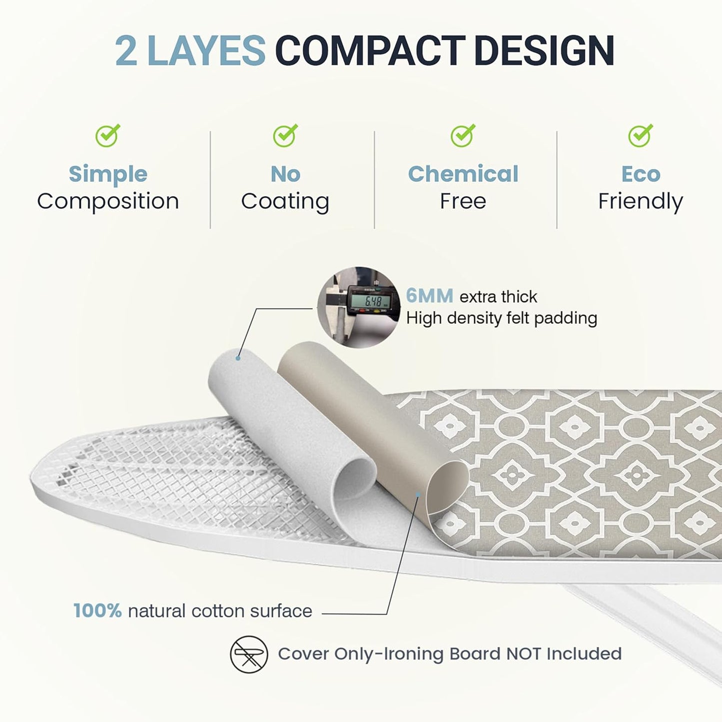 Ironing Board Cover and Pad 15"x54" Extra Thick Natural Cotton, Scorch and Stain Resistant Padding, Standard Size Iron Board Cover with Fasteners Heavy Duty Elastic Edge, Heatproof Geometric