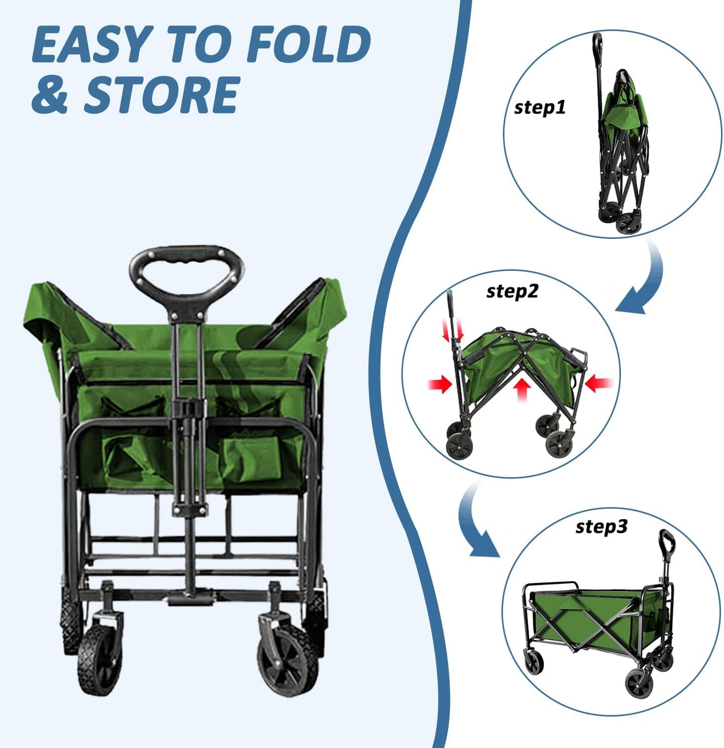 Collapsible Utility Cart Folding Wagon, 320lbs Capacity Lightweight Rolling Cart with Quiet Wheels, Quick-Fold Design for Camping, Shopping, Ourdoor Use, Green