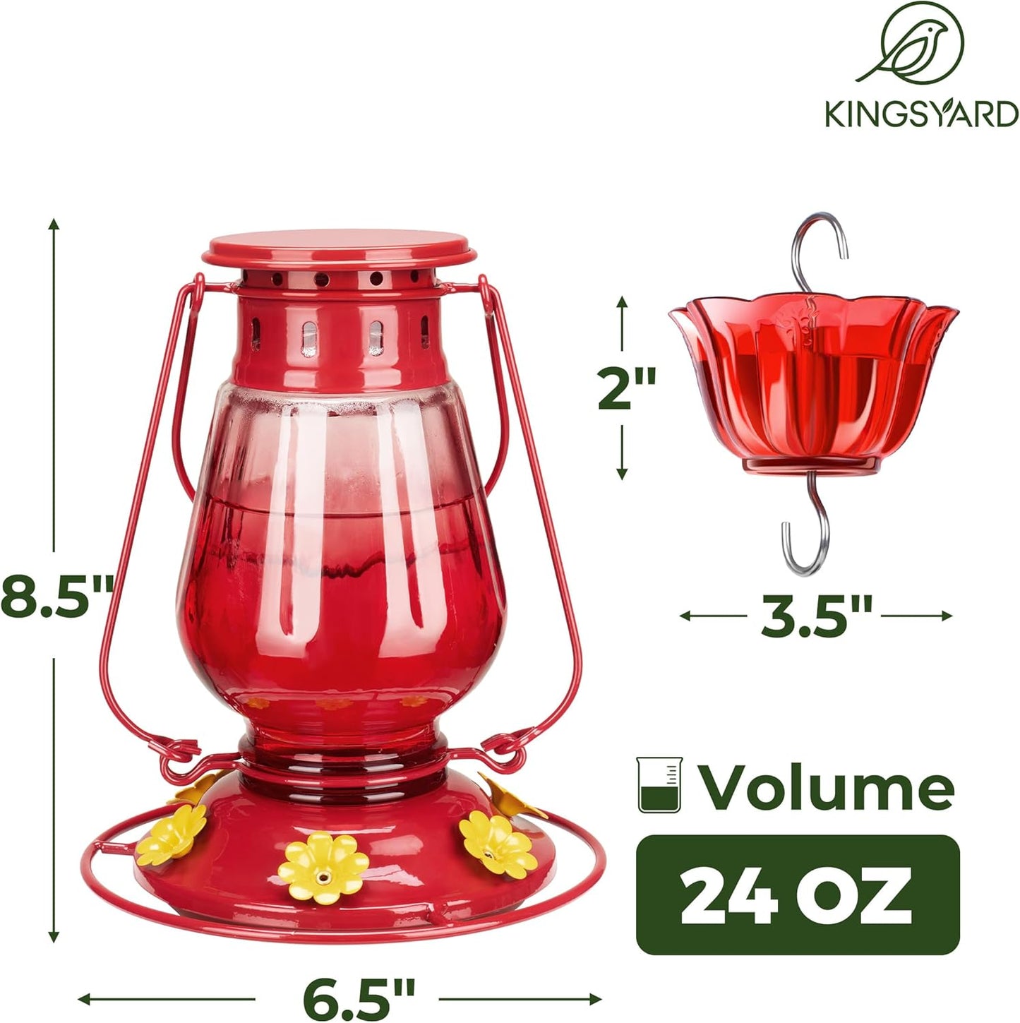 Kingsyard Vintage Glass Hummingbird Feeder Leak Proof Ant Bee Proof Lantern Bird Feeder with 6 Ports Moat, 24 oz Red