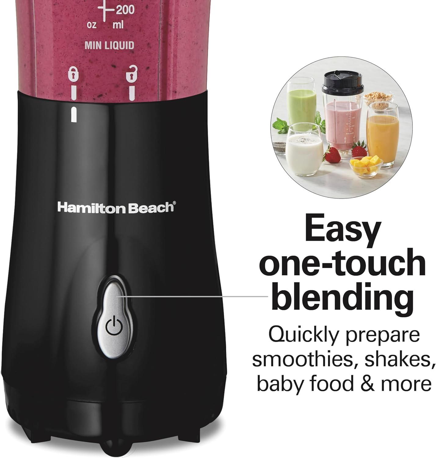 Hamilton Beach Portable for Shakes and Smoothies, 14 Oz BPA Free Travel Cup & Lid, Durable Stainless Steel Blades, Personal Smoothie, Black (51101AG)