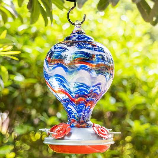 Muse Garden 32OZ Hummingbird Feeders Blown Glass Hummingbird Feeder, Garden Backyard Decor for Outside, Navy Blue