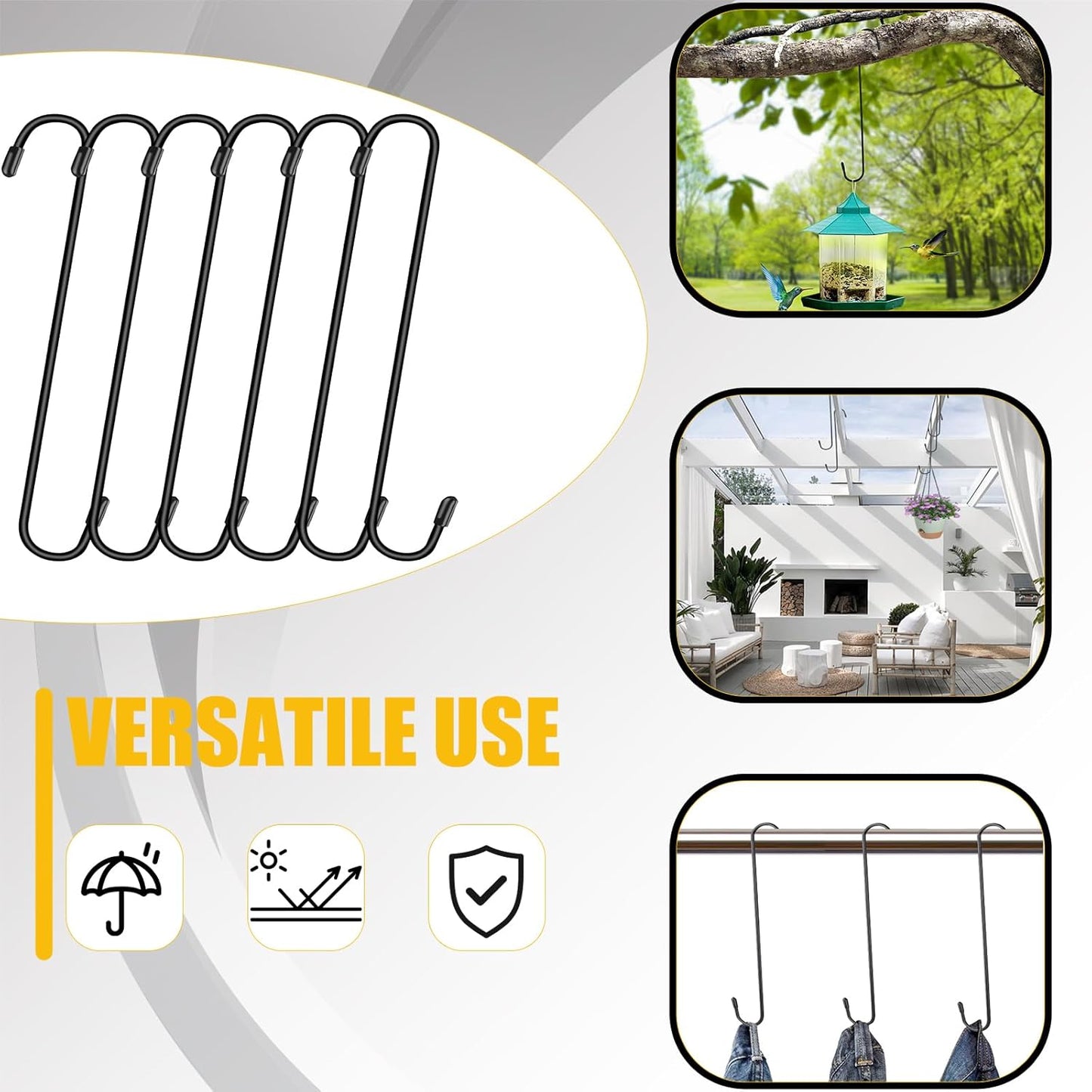 6 Pack 14 Inch Black Extra Matel Heavy Duty Hook for Hanging Plants,Large S Hooks for Hang Brsket,Bird House,Clothes,Kitchenware,Garden,Patio