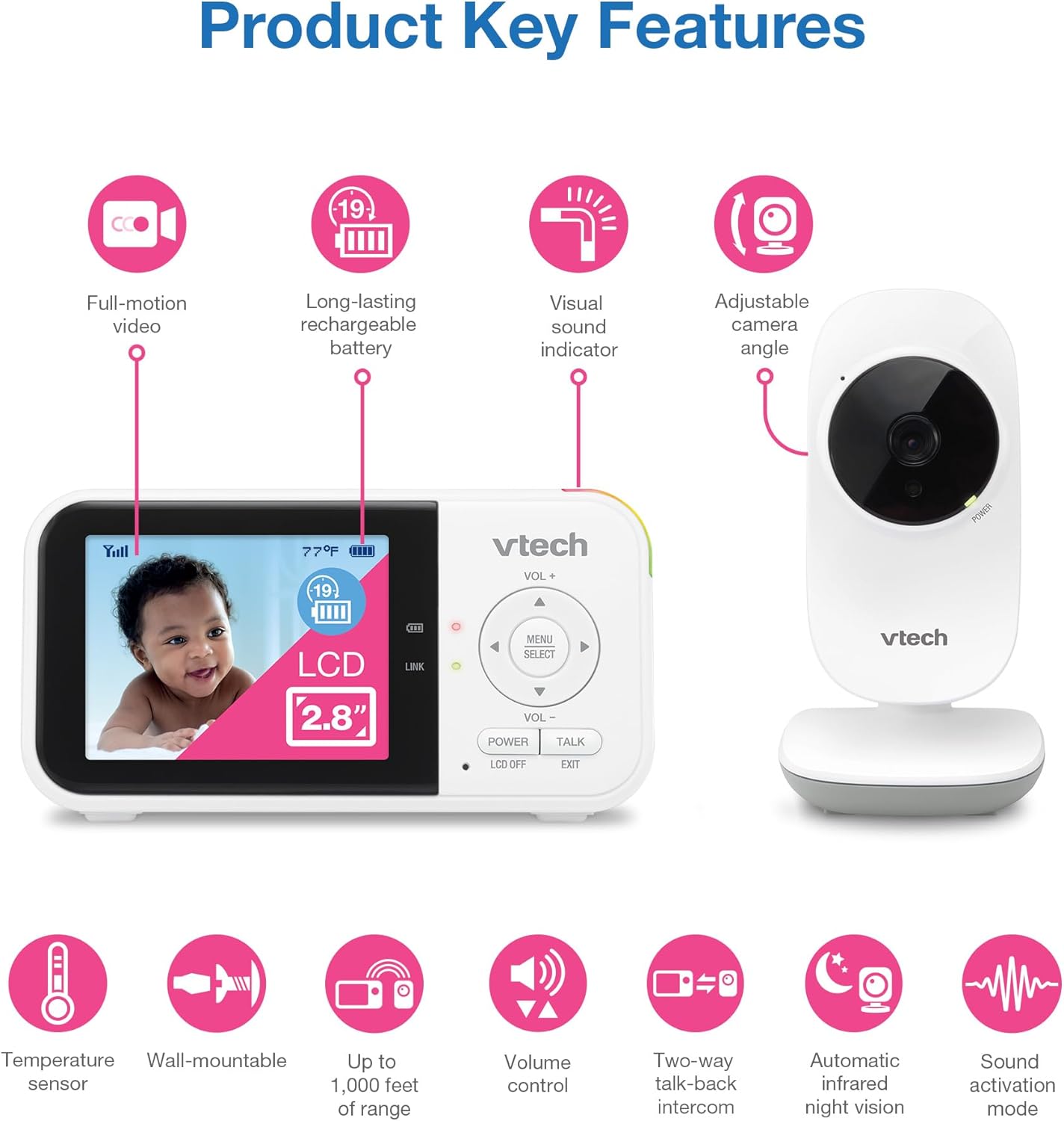 VTech VM819 Baby Monitor with Camera and Audio, 2.8” Screen Portable B
