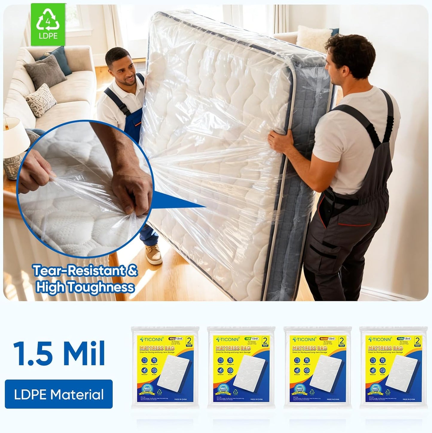 TICONN 2PK Plastic Mattress Bag for Moving Storage, Waterproof Mattress Protector Cover, Heavy-Duty Mattress Moving Supplies (1.5 mil, Queen)