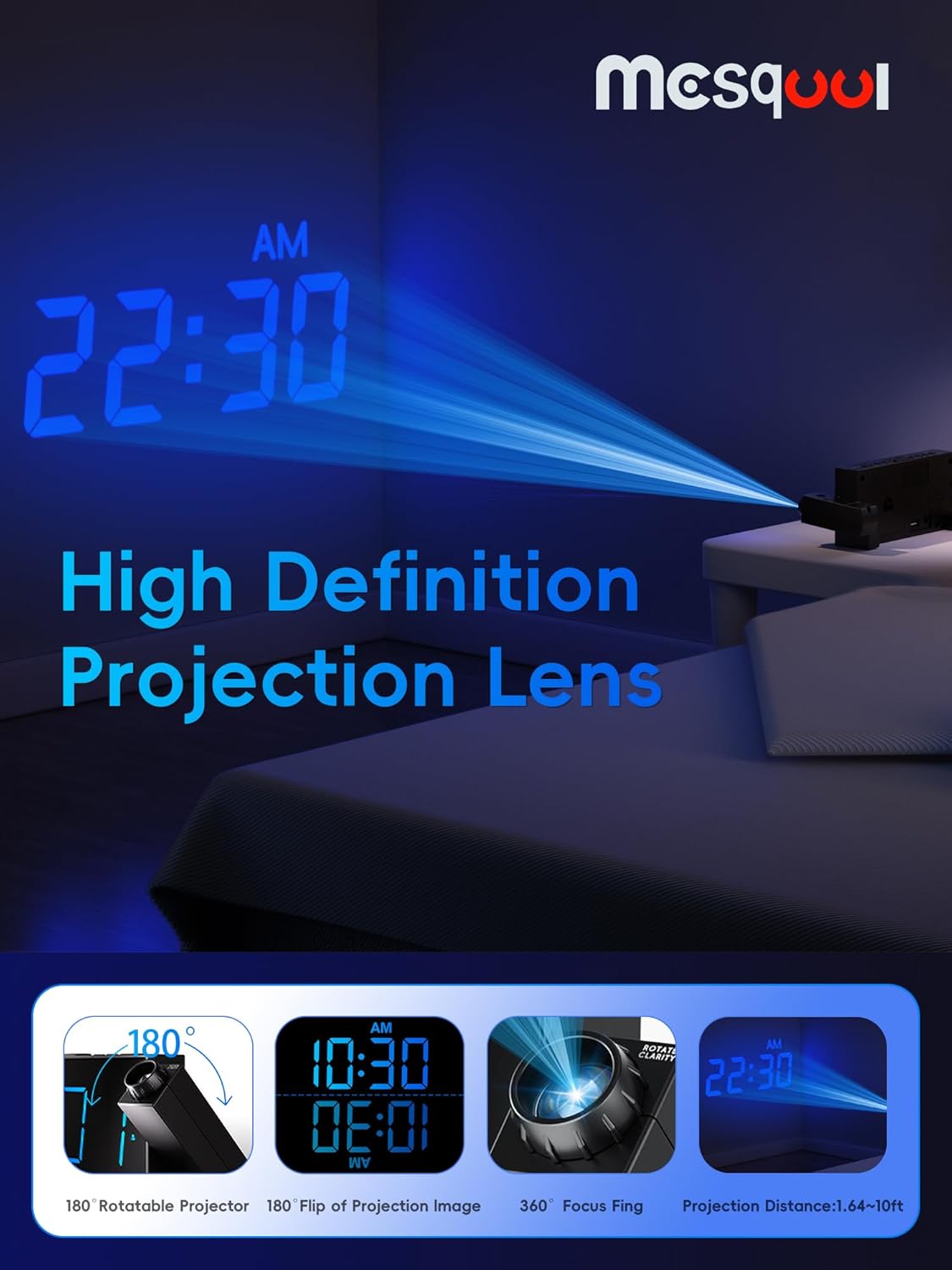 Digital Projection Alarm Clocks for Bedrooms - Large LED Display, 180°