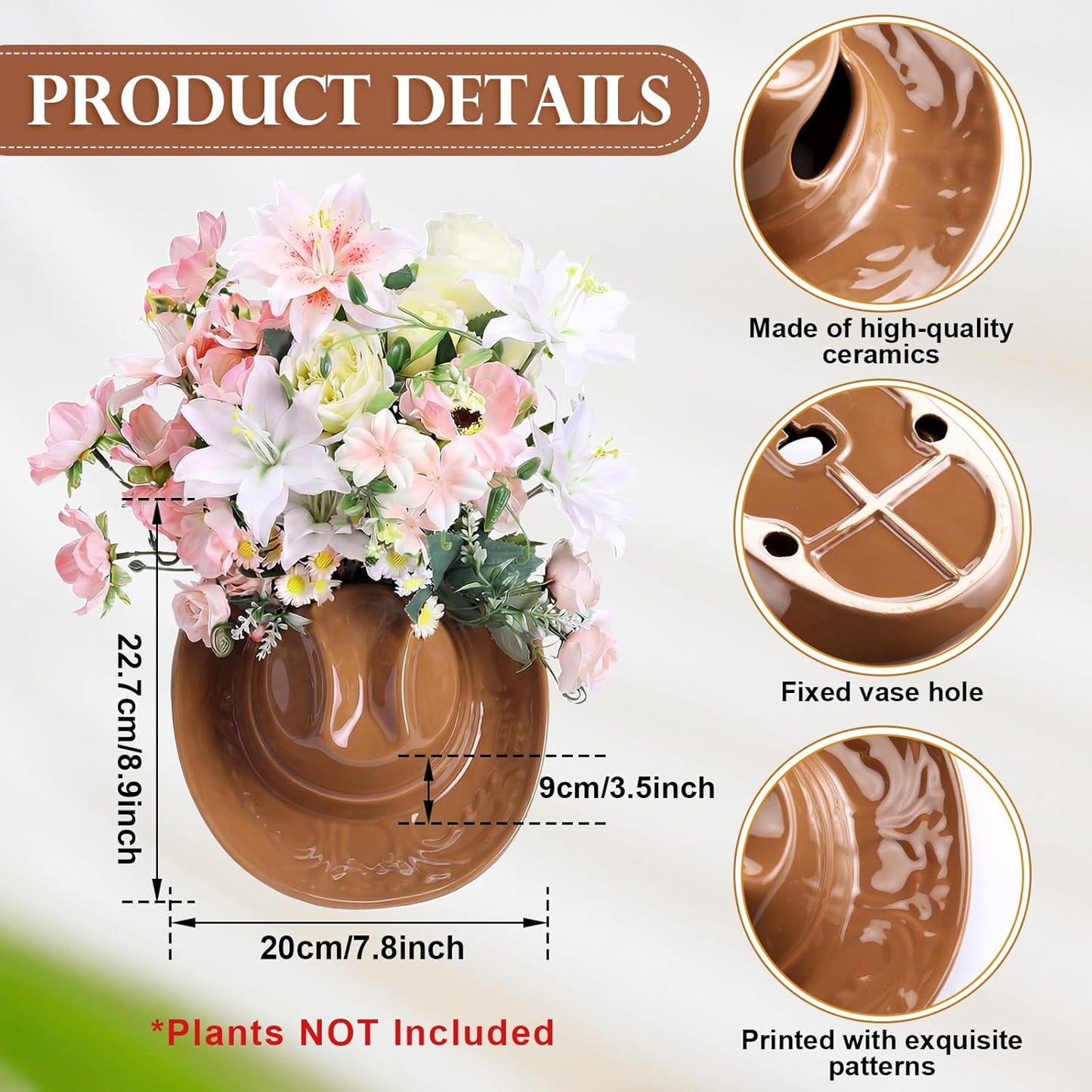 Ceramic Cowgirl Hat Vase Western Themed Hat Hanging Wall Indoor Planter Vase Flower Pot Cowboy Decoration Cowboy Party Table Centerpiece for Bathroom Living Room Office and Home Decor(Brown)