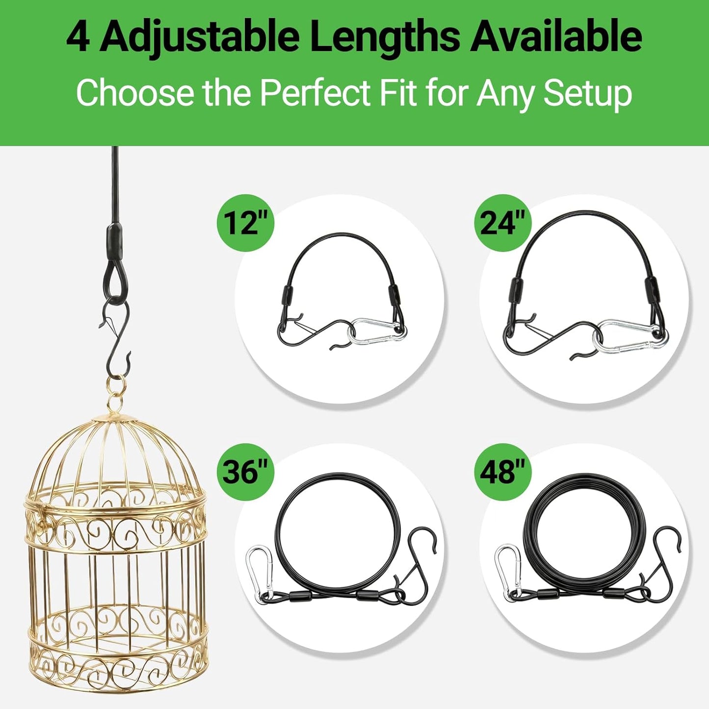 36-inch Hanging Cable – Heavy-Duty 3/16" PVC-Coated Stainless Steel with S-Hooks & Snap Hook for Bird Feeders, Plants, Flower Pots, and Outdoor Hanging Chains
