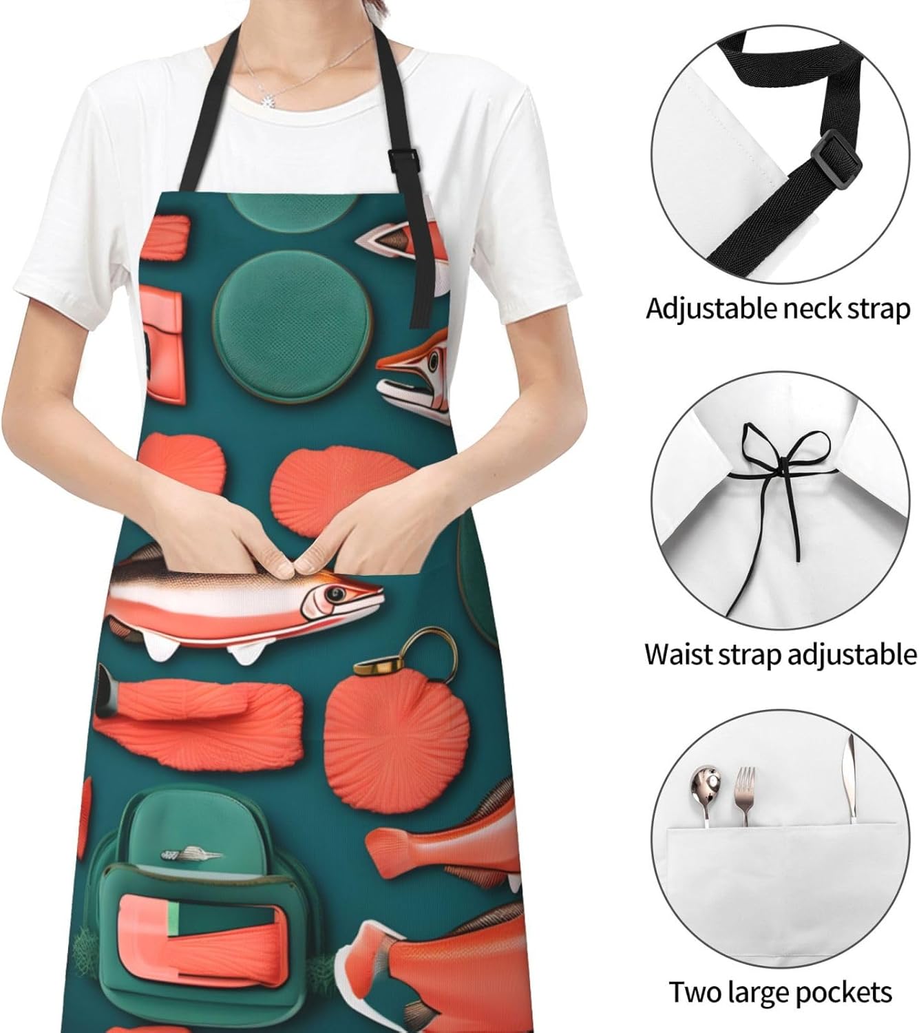 Salmon pattern Print Laundry apron 28x33 In Waterproof Kitchen Apron with Pockets for Cooking Baking