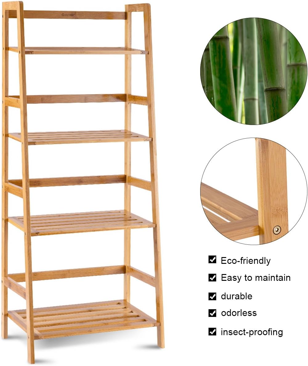 COSTWAY 47.5'' Bamboo Ladder Shelf, Multifunctional Plant Flower Display Stand, Storage Rack, Bookcase Bookshelf Natural (4 Tier)