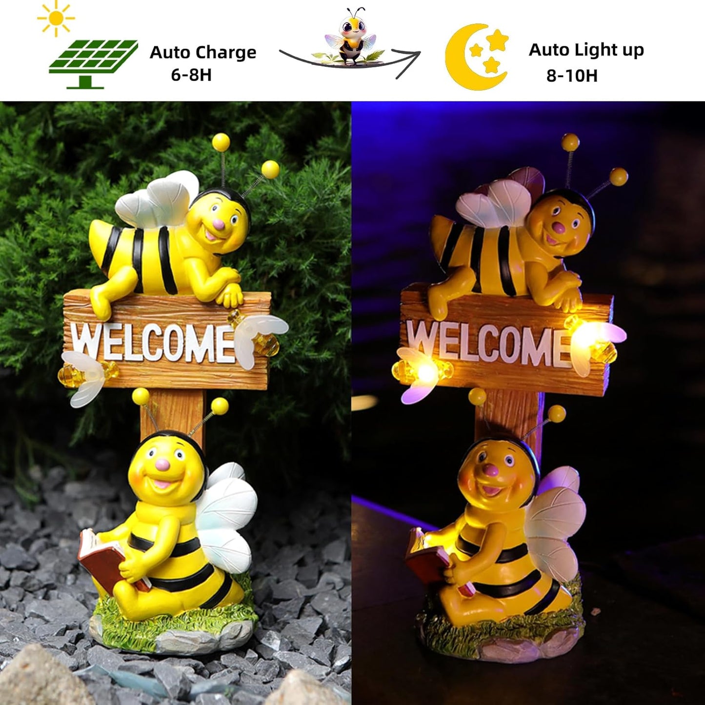 AVEKI Solar Garden Bee Statues Outdoor Decor Welcome Board Porch Decorations with Solar Light Waterproof Garden Decor for Yard Art Lawn Patio Balcony Women Garden Gifts for Mom Grandma