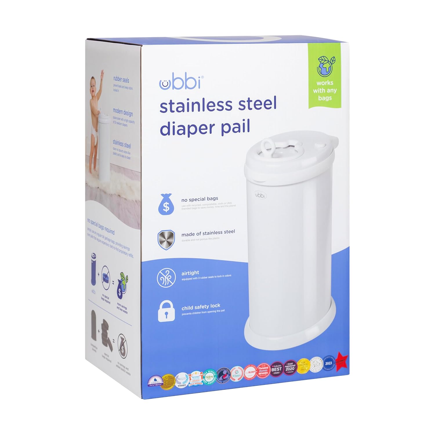 Ubbi Steel Diaper Pail, Odor Locking, No Special Bag Required, Award-W