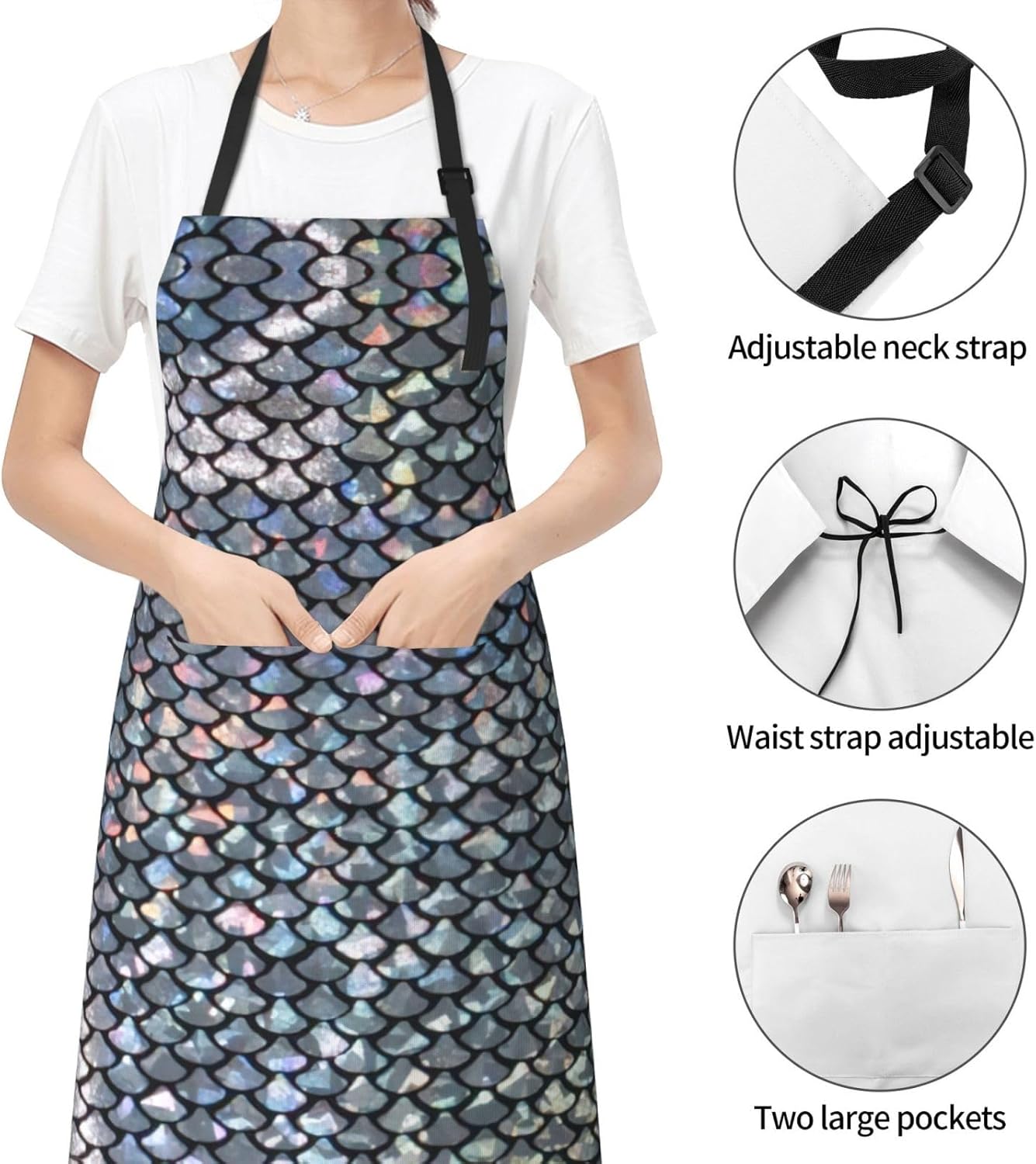 Silver fish scale print Waterproof apron with pocket adjustable cookin