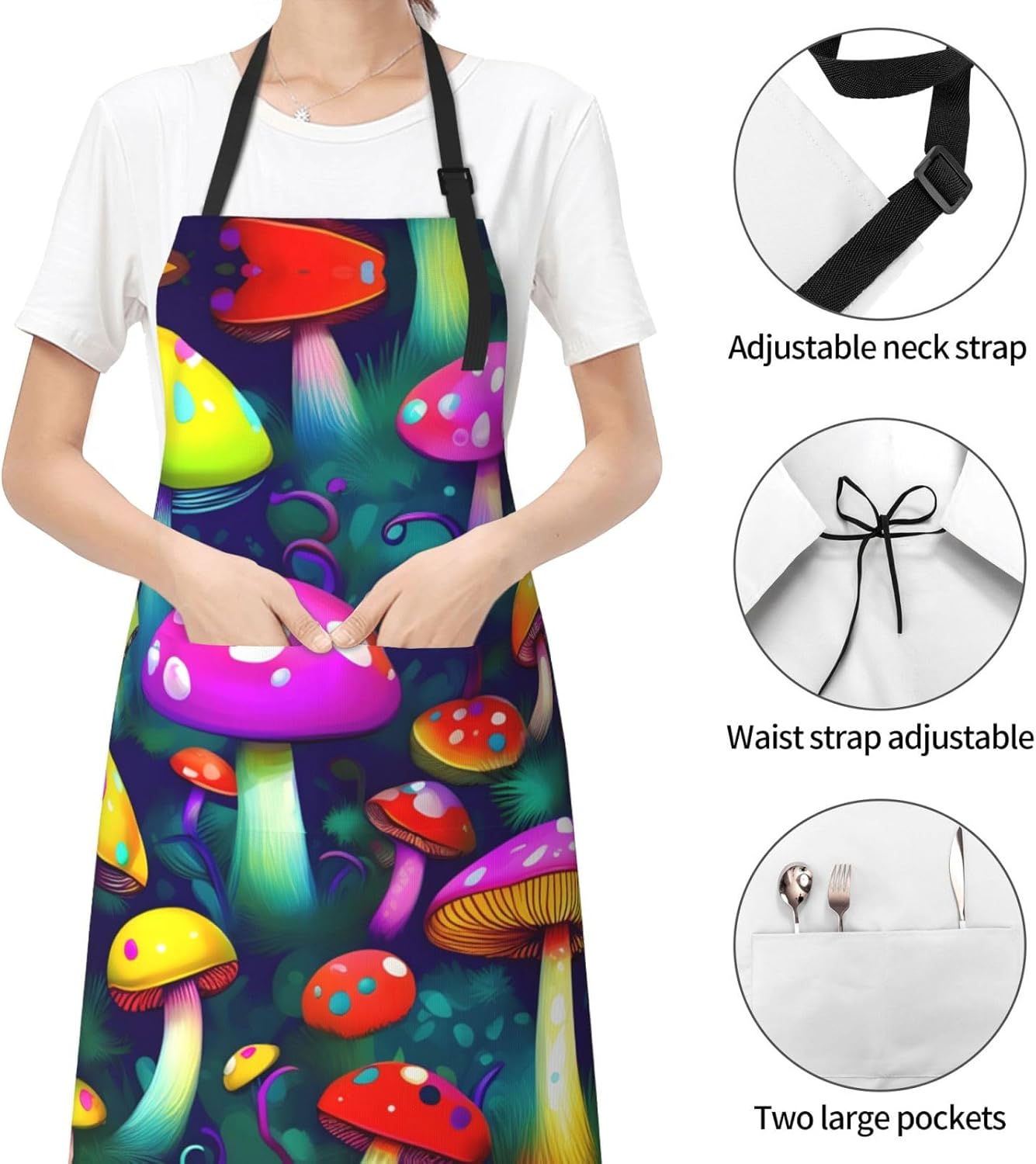Bright Mushrooms Art print Waterproof apron with pocket adjustable cooking apron for adult kitchen bibs to bake