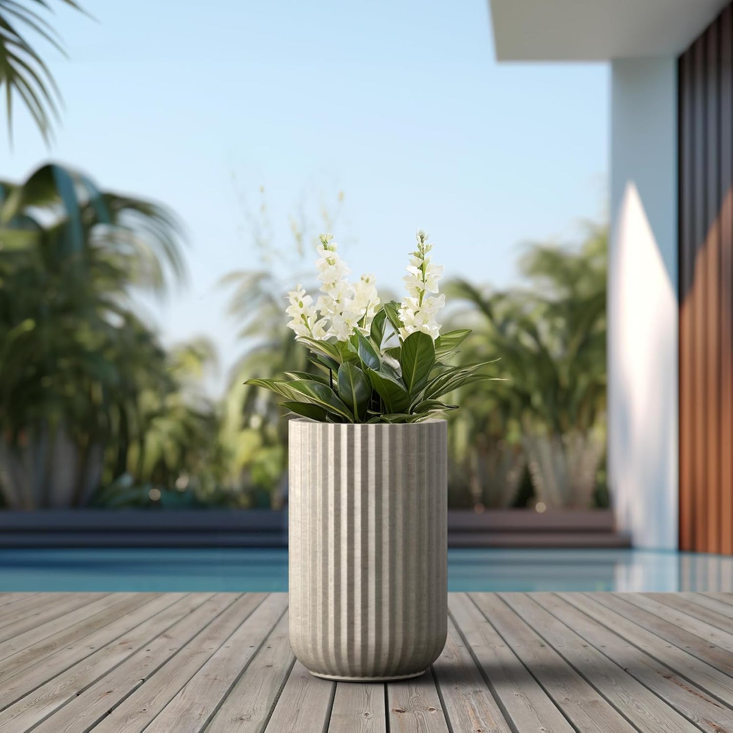 Kante Tall Fulted Planter, 17.7 Inch Tall Round Concrete Plant Pots wi