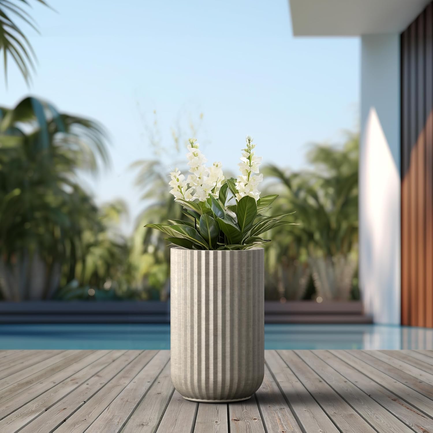 Kante Tall Fulted Planter, 17.7 Inch Tall Round Concrete Plant Pots wi