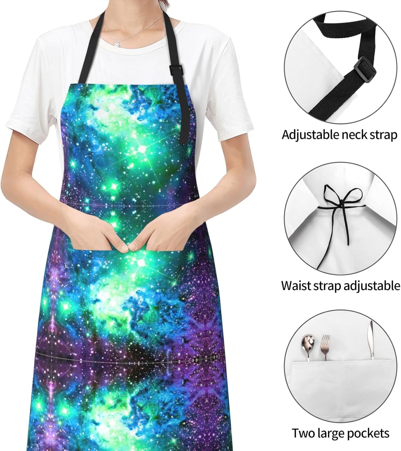 Green Blue Purple Galaxy Print 28x33 In Adult Kitchen Apron with Pockets Versatile Chef Smock for Cooking Baking