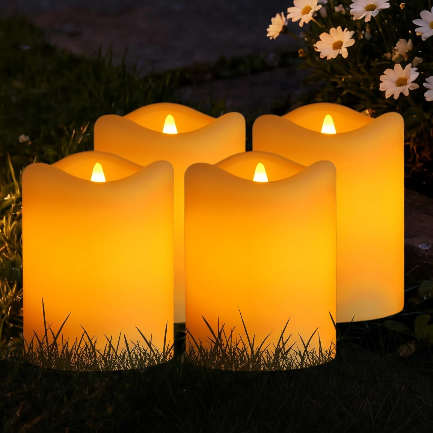 Solar Flameless Pillar Candles Outdoor 4 Pack, 3"x4" Rechargeable Solar Powered Lights, IP65 Waterproof Dusk to Dawn Sensor Solar Candles for Backyard, Garden, Patio, Porch, Pathway, Table Centerpiece