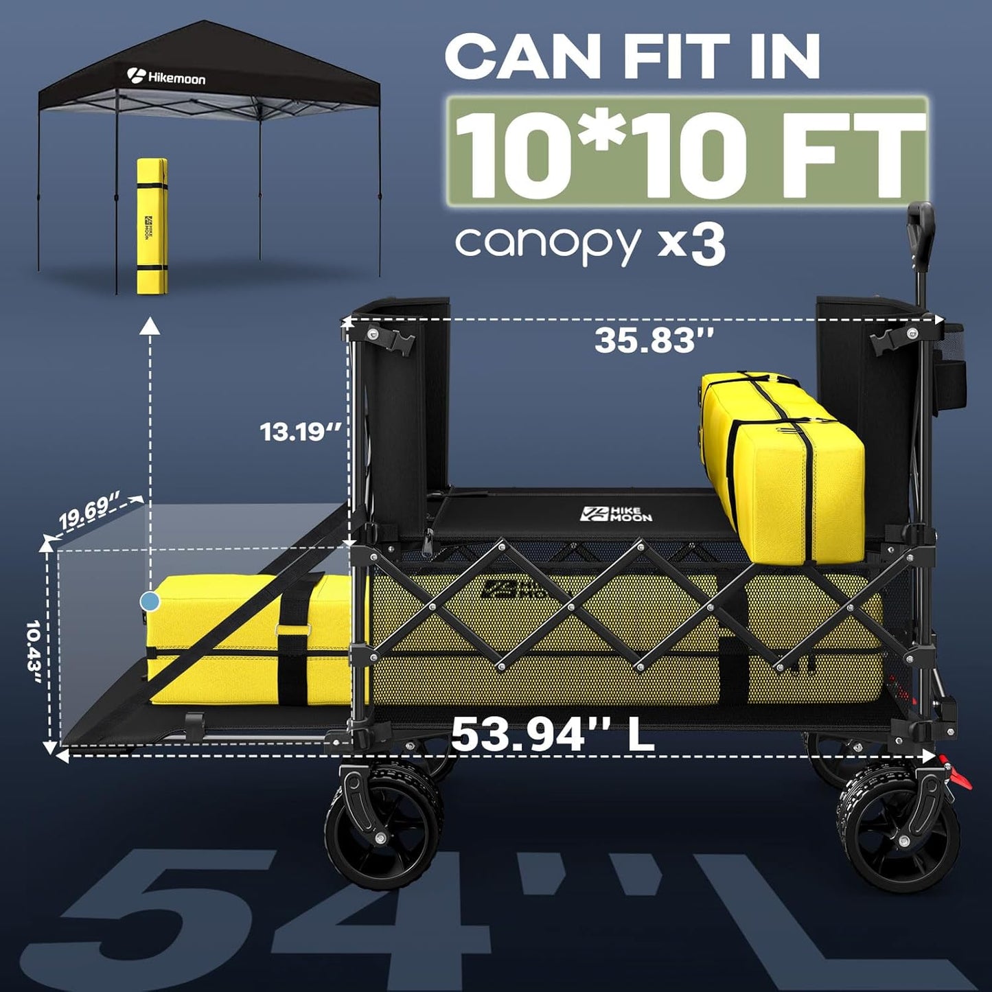 400L Double Decker Wagon with Tailgate 54'' Extra Long, 560LBS Heavy Duty Wagons Carts Foldable, Big All-Terrain Wheels with Brakes, Utility Folding Cart for Beach, Camping, Sports, Black