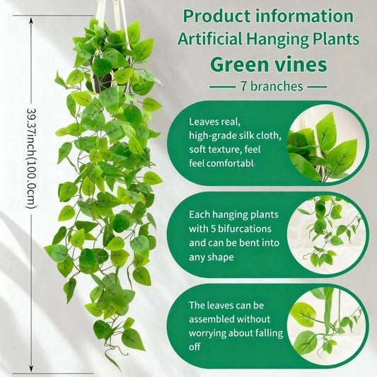 Fake Pothos in Rope - Hanging Pot, Artificial Pothos Plants for Home Decor Indoor Macrame Plant Hanger with Faux Vine Hanging Planter Greenery for Bedroom Bathroom Kitchen Office Decor