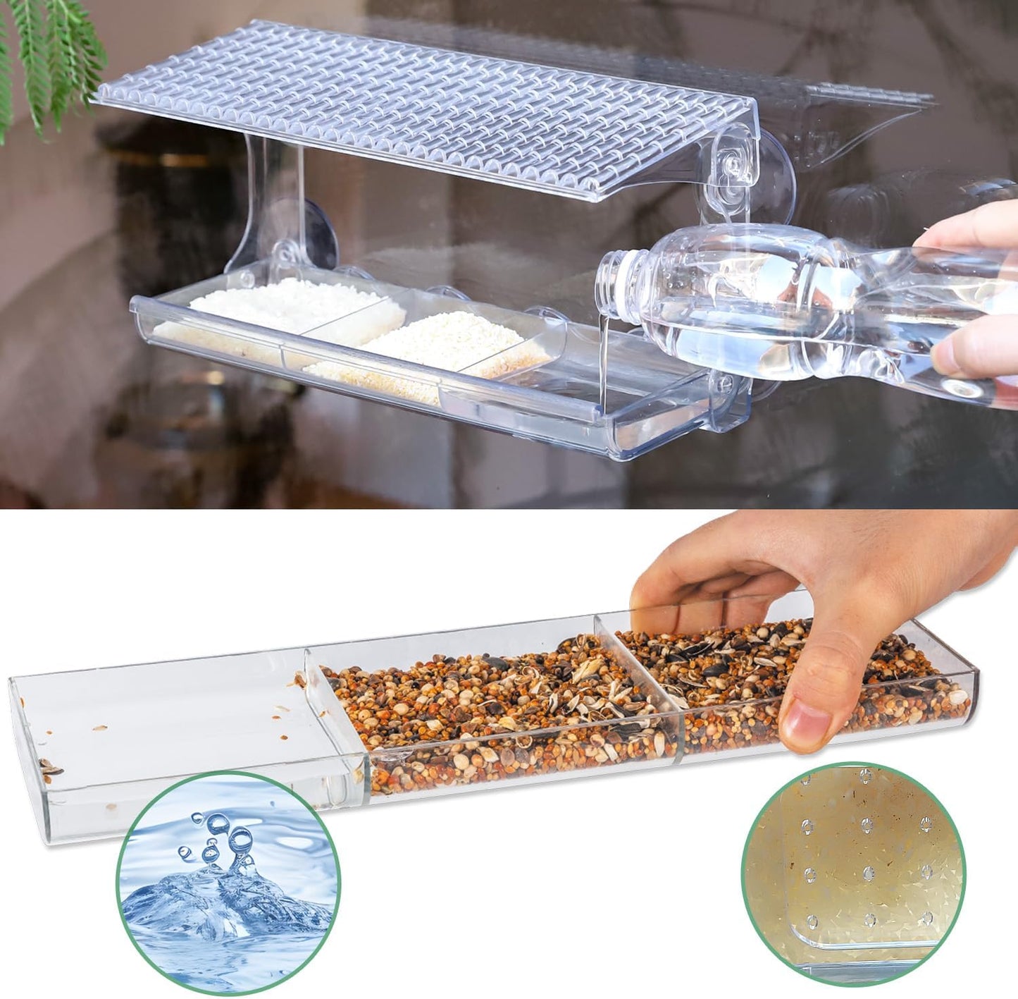 Large Window Bird Feeder with Removable Seed & Water Tray, for Wild Birds with Super Strong Sticker Hooks +Suction Cup Plus +Tweezer, Unbreakable Transparent Acrylic Weatherproof