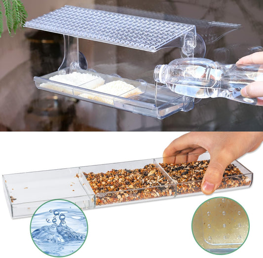 Large Window Bird Feeder with Removable Seed & Water Tray, for Wild Birds with Super Strong Sticker Hooks +Suction Cup Plus +Tweezer, Unbreakable Transparent Acrylic Weatherproof