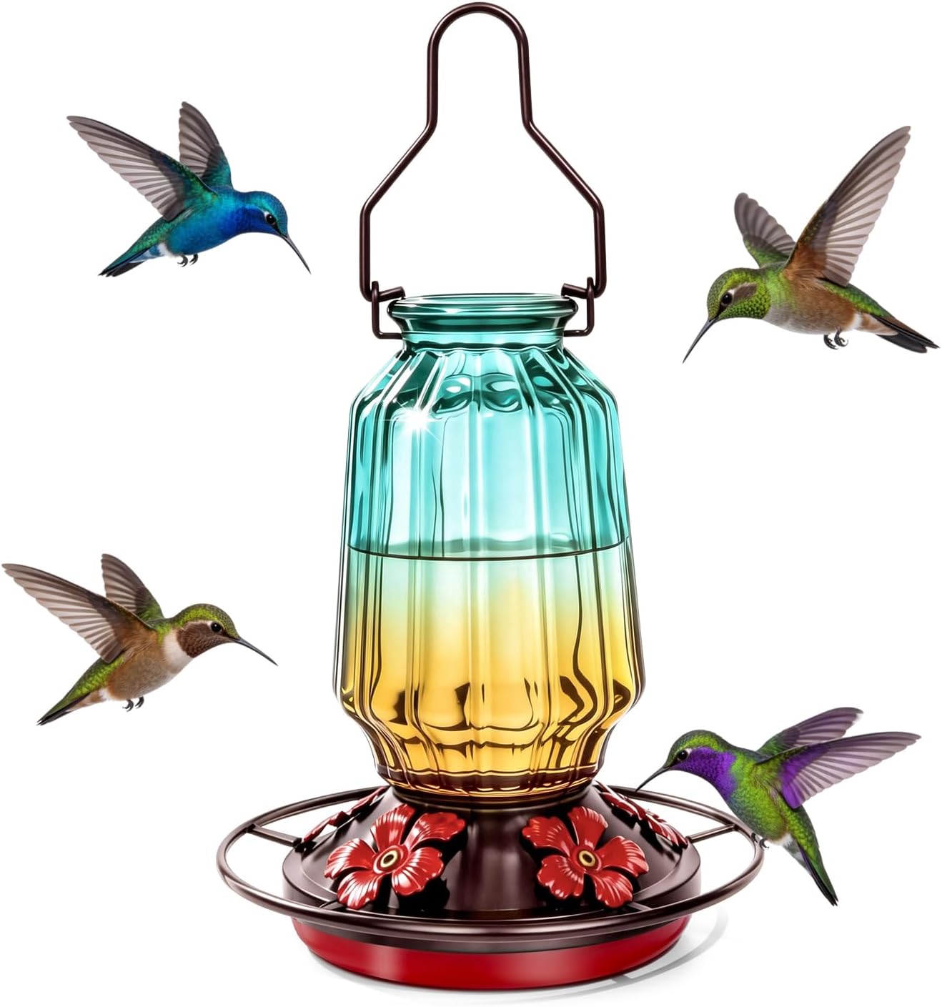 Glass Hummingbird Feeder for Outdoors Hanging, 16Oz Bird Nectar Feeder with Perch & 5 Flower Feeding Ports, Leak Proof for Outside Garden Decor Backyard, Gifts for Women Mom, Green