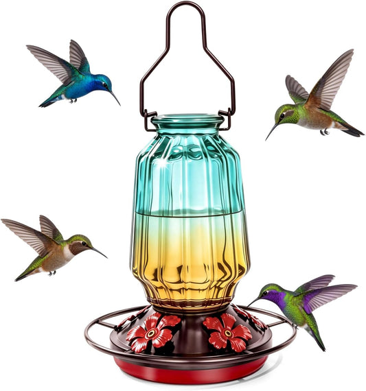 Glass Hummingbird Feeder for Outdoors Hanging, 16Oz Bird Nectar Feeder with Perch & 5 Flower Feeding Ports, Leak Proof for Outside Garden Decor Backyard, Gifts for Women Mom, Green