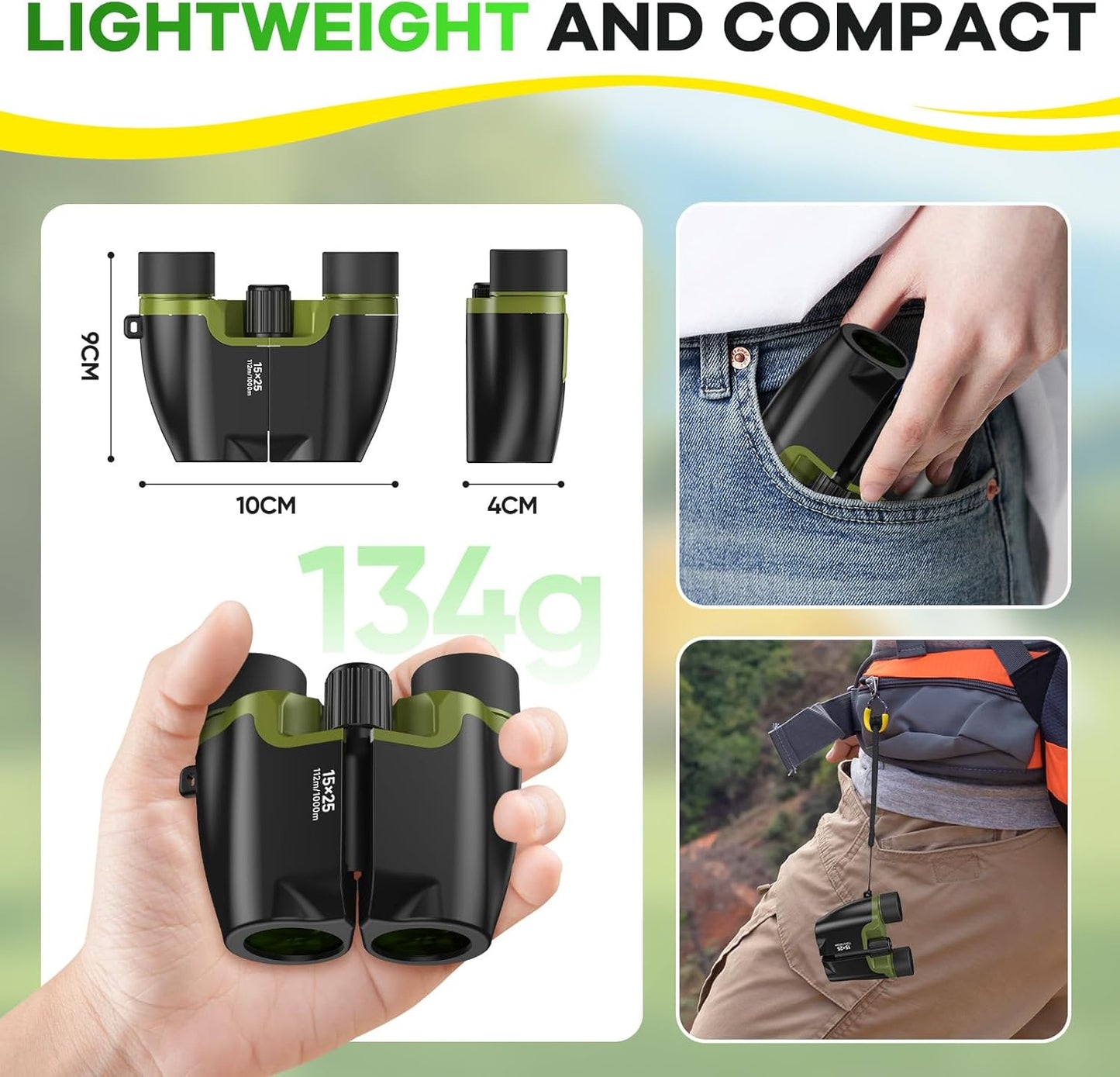 Compact Binoculars for Adults and Kids with BAK4 Prism,15x25 FMC Lens Waterproof Binocular with Low Light Vision,Small Binoculars for Cruise Ship Bird Watching (Green)