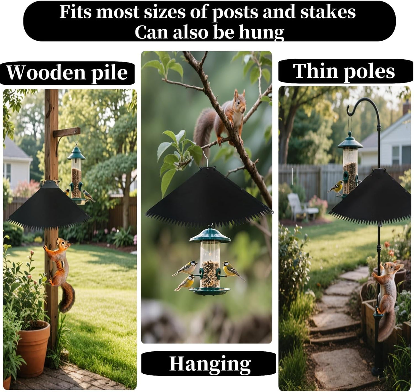 Metal Squirrel Baffle for Bird Feeder Pole, Adjustable Opening Size for 0.4-4.2'' Poles Or Woodpoles, Waterproof, Rust-Proof, Strong, with Hook