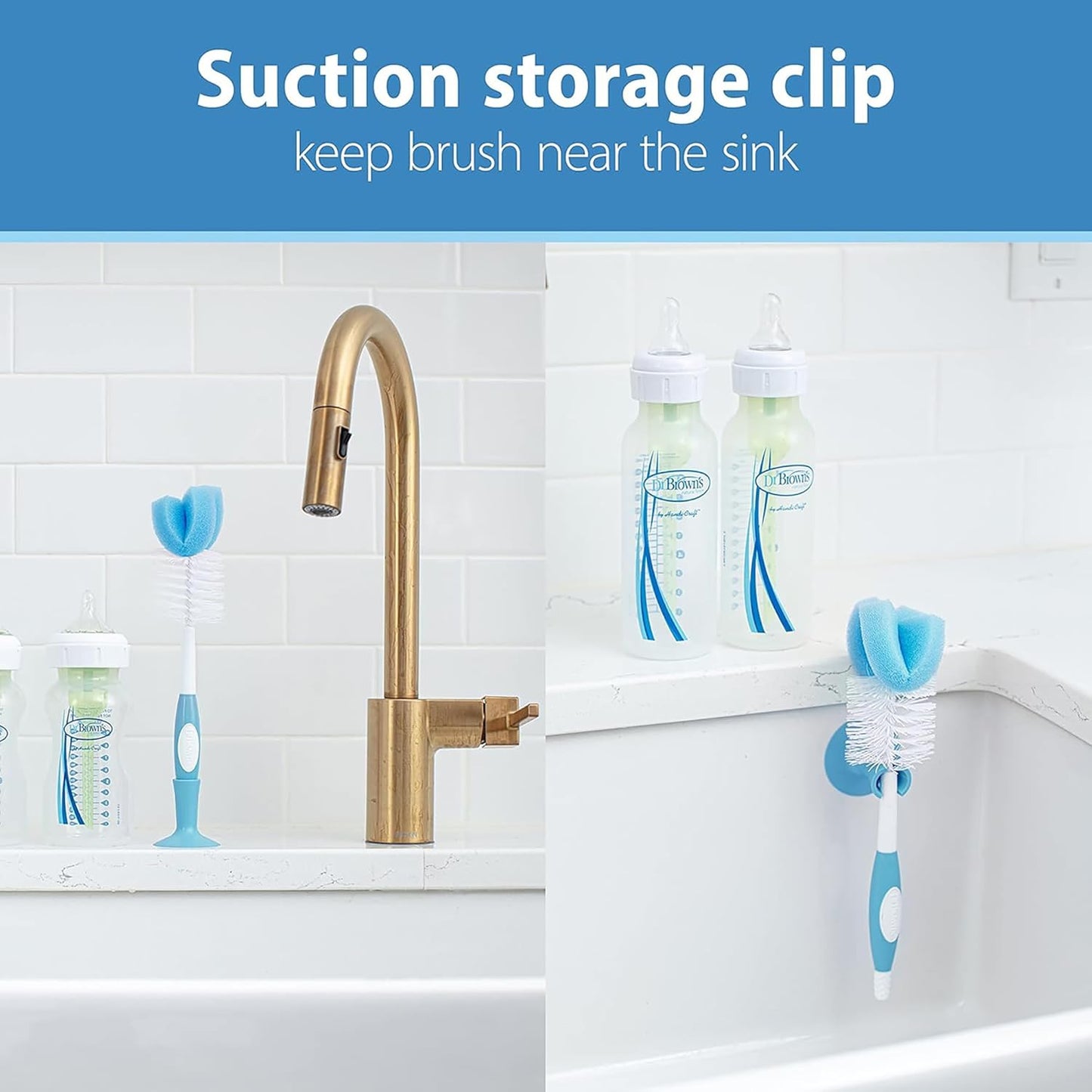 Dr. Brown's Reusable Sponge Baby Bottle Cleaning Brush Set with Suction Cup Stand, Scrubber and Nipple Cleaner, Blue 3-Pack