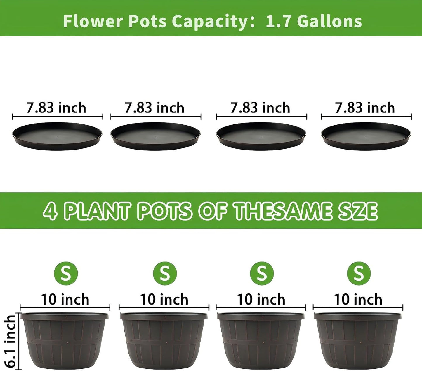 Quarut 10 inch Plastic Flower Pots for Outdoor Plants，4 Pack Large Out
