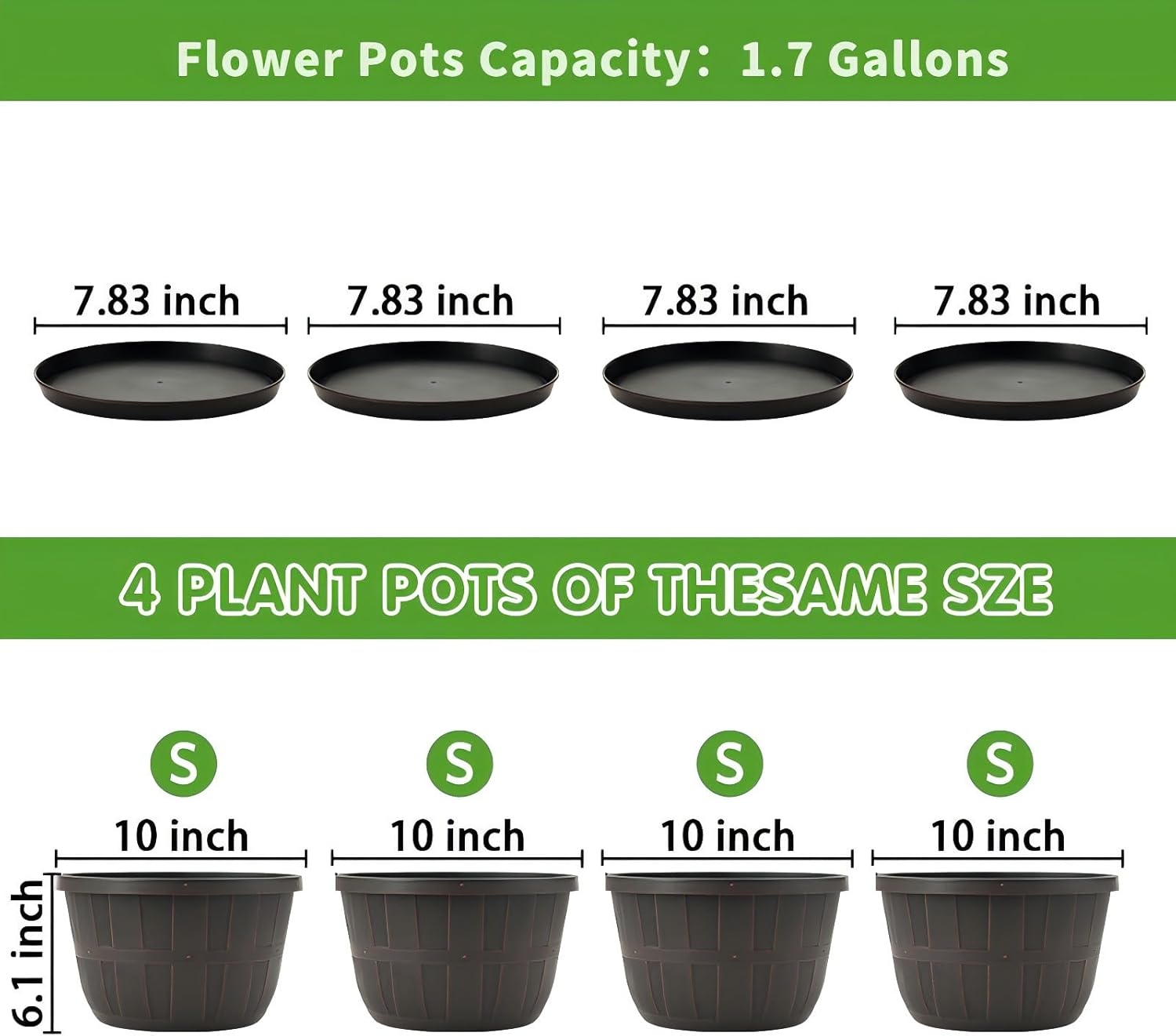 Quarut 10 inch Plastic Flower Pots for Outdoor Plants，4 Pack Large Out