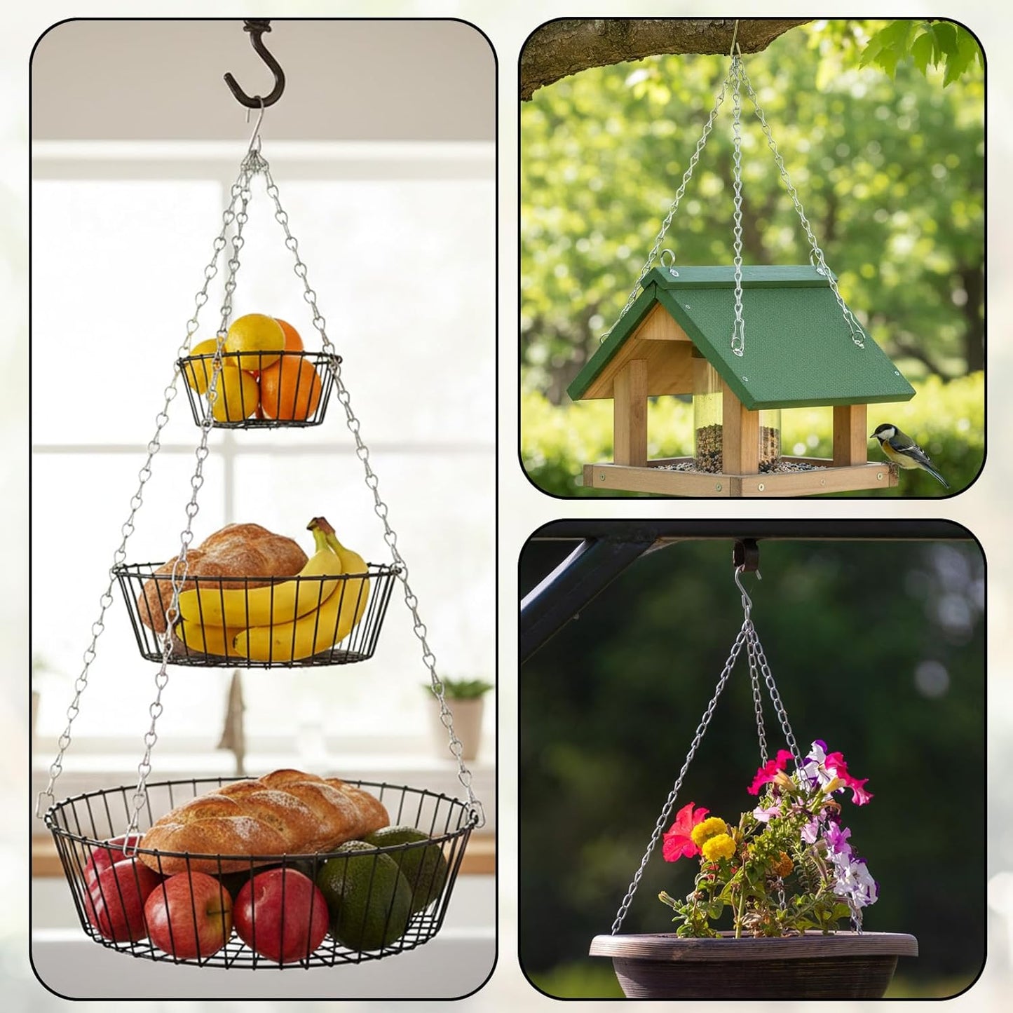 3Pcs 16 Inch Hanging Basket Chain with Hooks, Sliver Metal Flower Plan
