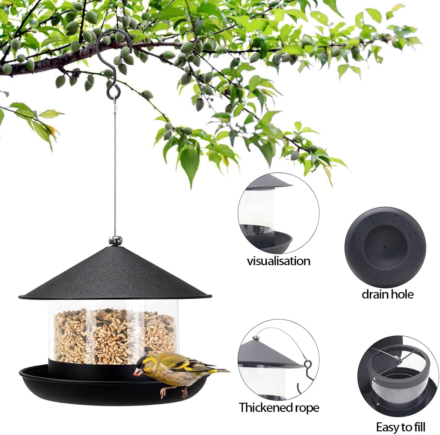 Wild Bird Feeder, Large Capacity Hanging Bird Feeder with Multiple Suspension Options, Black (Black)