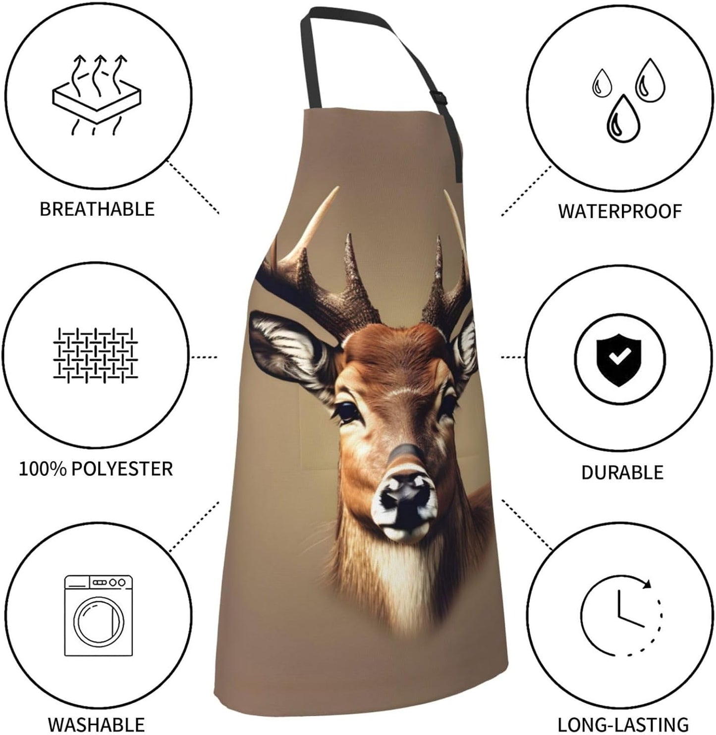 Deer head printing Print Laundry apron 28x33 In Waterproof Kitchen Apron with Pockets for Cooking Baking