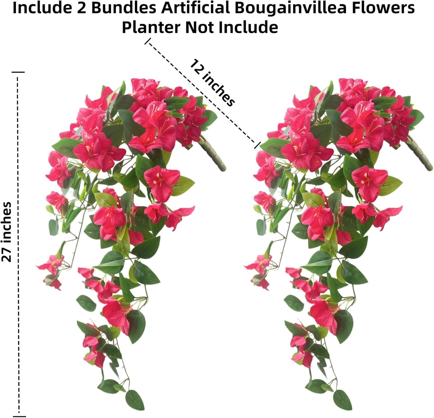 Artificial Faux Bougainvillea Flowers Plants for Outdoor Outside UV Resistant, 2 PCS Fake Silk Long Hotpink Hanging Vines Realistic Look Real for Spring Porch Planter Pot Patio Balcony Yard Decoration