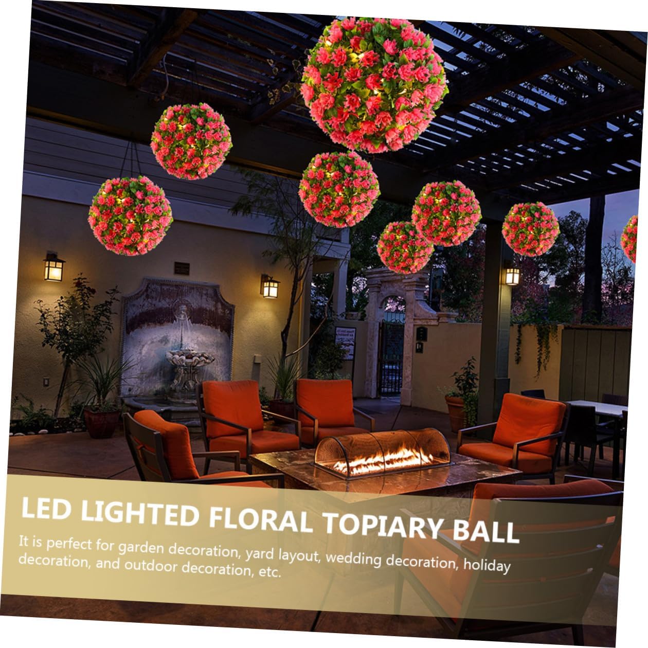 BESTOYARD Pink Flower Solar LED Hanging Topiary Ball, Artificial Grass Sphere with Solar Light for Outdoor Garden and Wedding Décor
